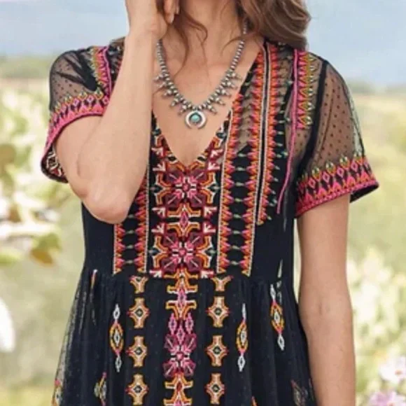 Sundance Dreamy Destinations Black Swiss Dot Embroidered Maxi Boho Dress — XL - Picture 2 of 14